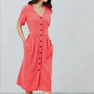 Joules Jessica Button Down Midi A Line Dress Coral Poppy Pink Linen Blend